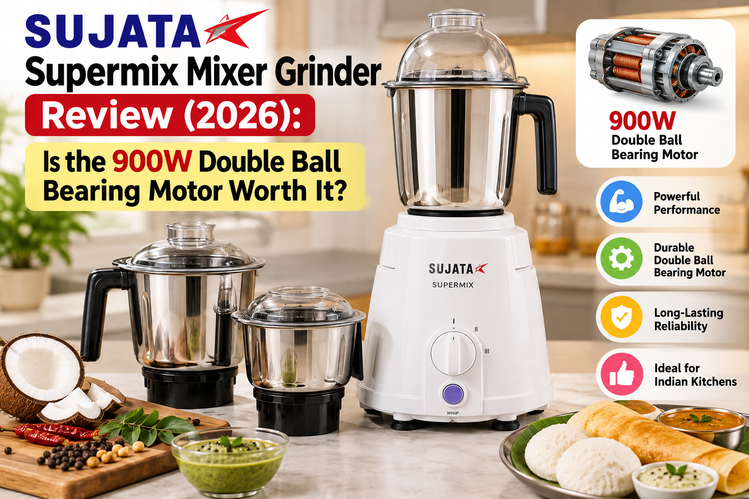 You are currently viewing Sujata Supermix Mixer Grinder Review (2026): Is the 900W Double Ball Bearing Motor Worth It?